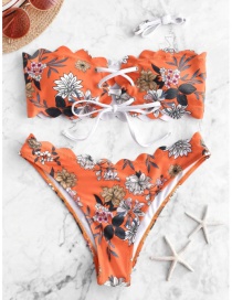 Fashion Orange Printed Tube Top Chest Tie With Rope Split Swimsuit