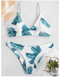 Fashion White Leaf Print Split Swimsuit