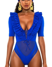 Fashion Blue Strap Deep V Lotus Leaf One-piece Swimsuit