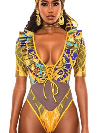 Fashion Totem Yellow Strap Deep V Lotus Leaf One-piece Swimsuit