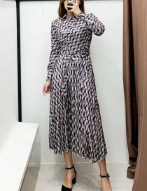 Fashion Blue Pleated Geometric Print Dress