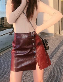 Fashion Wine Red Straight Buckle Pu Leather Skirt