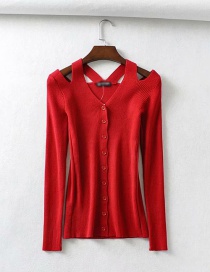 Fashion Red Leaky Shoulder Single-breasted Knit Sweater