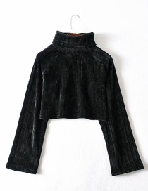 Fashion Black Chenille Stacked Collar Short Knit Sweater