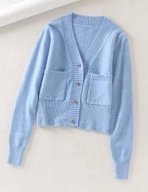 Fashion Blue Furry Pocket Heart Button Sweater Cardigan
