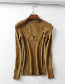 Fashion Mustard Green Threaded Low Crew Neck Knitted T-shirt
