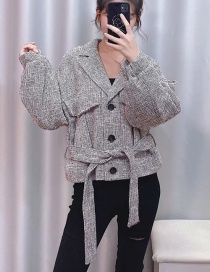 Fashion Gray Lace-up Pocket Tweed Jacket