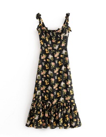 Fashion Black Small Floral Print Ruffle Bandeau Camisole Dress