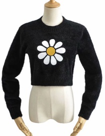 Fashion Black Sun Faux Mohair Embroidered Crew Neck Sweater