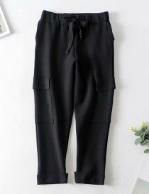 Fashion Black High Waist Elastic Waist Drawstring Multi-pocket Cropped Cropped Pants