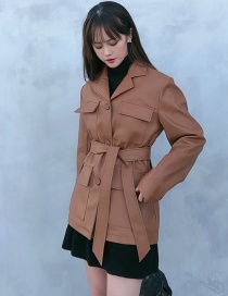 Fashion Brown Belted Single-breasted Leather Jacket
