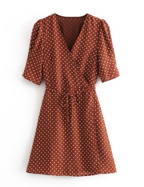Fashion Red-brown Polka-dot Printed V-neck Wrap Dress
