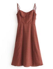 Fashion Red-brown Polka Dot High Waist Side Split Hem Lace Up Dress