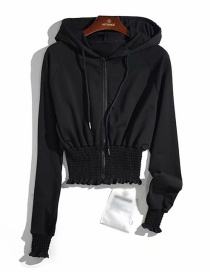 Fashion Black V-neck Hooded Sweatshirt With Elastic Zip