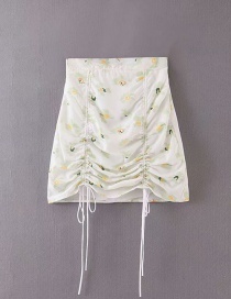 Fashion White Flower-print Drawstring Pleated Skirt