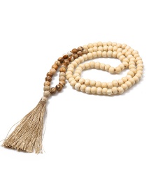 Fashion Khaki Wooden Beads Agate Gem Tassel Necklace