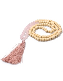 Fashion Pink Wooden Beads Agate Gem Tassel Necklace