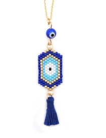 Fashion Dark Blue Rice Beads Woven Eye Tassel Stainless Steel Necklace