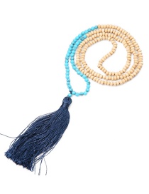 Fashion Navy Blue + Blue Natural Stone Beaded Beads Tassel Necklace 6mm