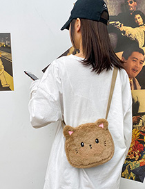 Brown Plush Cat Embroidery Contrast Color Crossbody Shoulder Bag