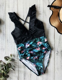 Fashion Black + Green Leaf Pink Water Lily Ruffled Striped Polka Dot One-piece Swimsuit