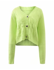 Fashion Green Solid Color V-neck Single Breasted Knit Sweater