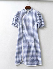 Fashion Blue Check Print Cheongsam Dress
