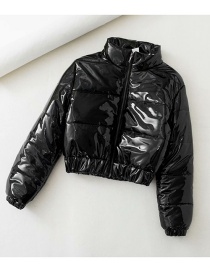 Fashion Black Off-waist Short Front Zip Faux Patent Leather Coat