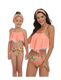 Fashion Orange Printed Ruffle Fringe Parent-child Bikini Adult