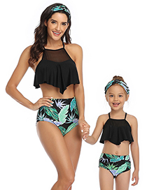Fashion On The Black Flowers Print Stitching Double Lotus Leaf Parent-child Bikini Adult