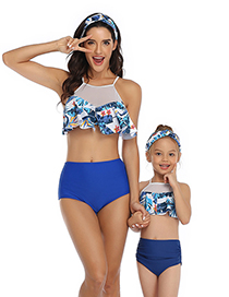 Fashion Blue Flowers And Blue Pants Print Stitching Double Lotus Leaf Parent-child Bikini Adult