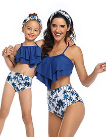 Fashion Coconut On The Blue Printed Stitching Double Lotus Leaf Parent-child Bikini Children