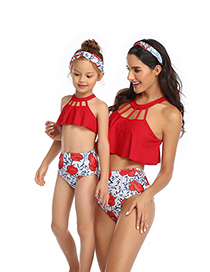 Fashion Red Hollow Hollow Ruffle Parent-child Bikini Adult