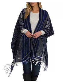 Fashion Blue And White Stripes Faux Cashmere Fringed Striped Shawl Scarf