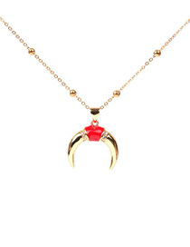 Fashion Red Oil Drop Bead Chain Crescent Diamond Necklace