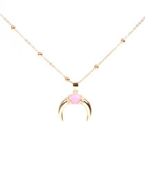Fashion Pink Oil Drop Bead Chain Crescent Diamond Necklace
