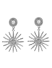 Fashion Silver Alloy Diamond Pearl Sun Flower Stud Earrings