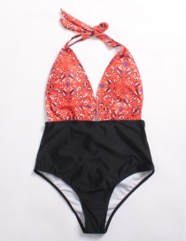 Fashion Red + Black Contrast Stitching Print Open Chest Leak Back High Waist Conjoined Swimwear