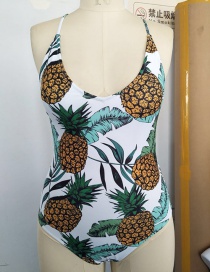 Fashion White Pineapple Print Open Back Conjoined Swimwear