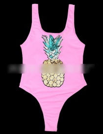 Fashion Pink Pineapple Sequins Branded Leaky Back Reflective Conjoined Swimwear