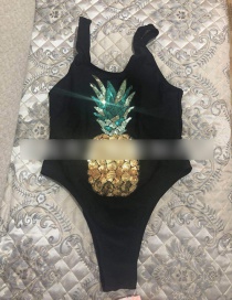 Fashion Black Pineapple Sequins Branded Leaky Back Reflective Conjoined Swimwear