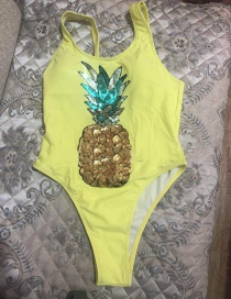 Fashion Yellow Pineapple Sequins Branded Leaky Back Reflective Conjoined Swimwear
