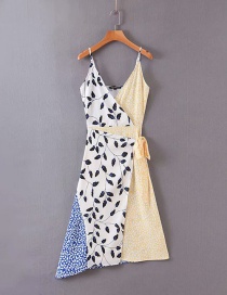 Fashion White + Yellow Contrast Stitching V-neck Lace Print Dress
