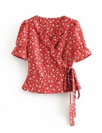 Fashion Red Floral Ruffled Wrap Lace Shirt