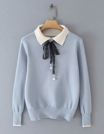 Fashion Blue Lapel Lace-up Knit Sweater
