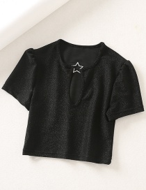 Fashion Black Bright Diamond Flashing Five-pointed Star Button Cutout Navel T-shirt