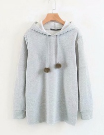 Fashion Gray Hooded Sweater With Wool Ball And Velvet Stitching