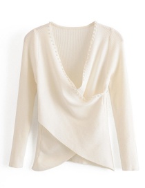 Fashion Beige Pearl Cross Stitching V-neck Sweater
