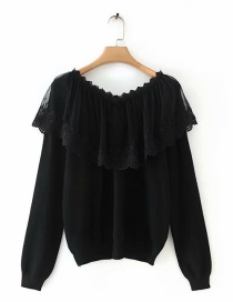Fashion Black V-neck Knitted Sweater With Mesh Lace