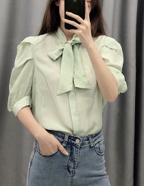 Fashion Green Bow Pleated Sleeve Shirt